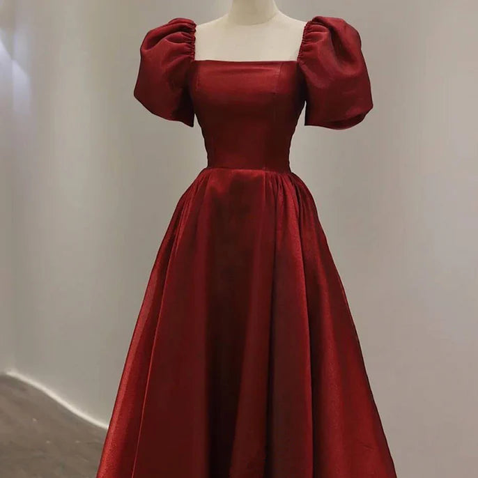 Luolandi Wine Red Short Sleeves Tea Length Wedding Party Dress Prom Dress Elegant Evening Dress
